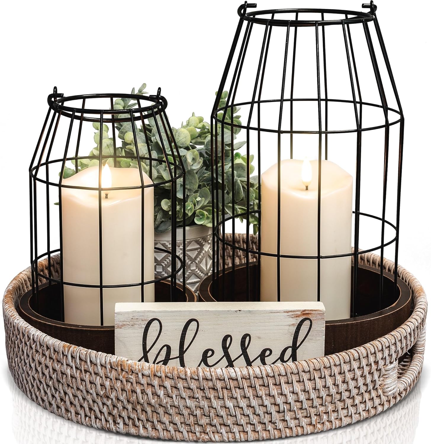 Rustic Farmhouse Lantern Decor Set of 2 - Stylish Decorative Lanterns for Your Living Room, Fireplace Mantle or Kitchen Dining Table - Modern Upscale Beauty for Your Entire Home