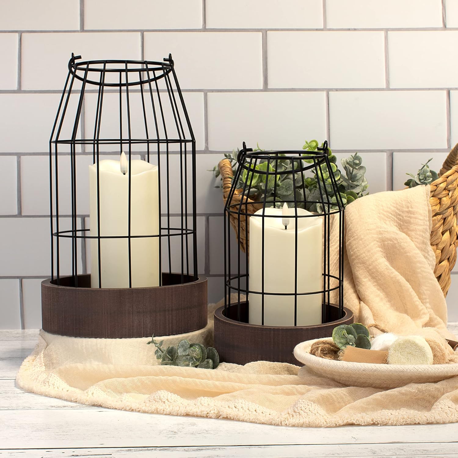 Rustic Farmhouse Lantern Decor Set of 2 - Stylish Decorative Lanterns for Your Living Room, Fireplace Mantle or Kitchen Dining Table - Modern Upscale Beauty for Your Entire Home - Image 8